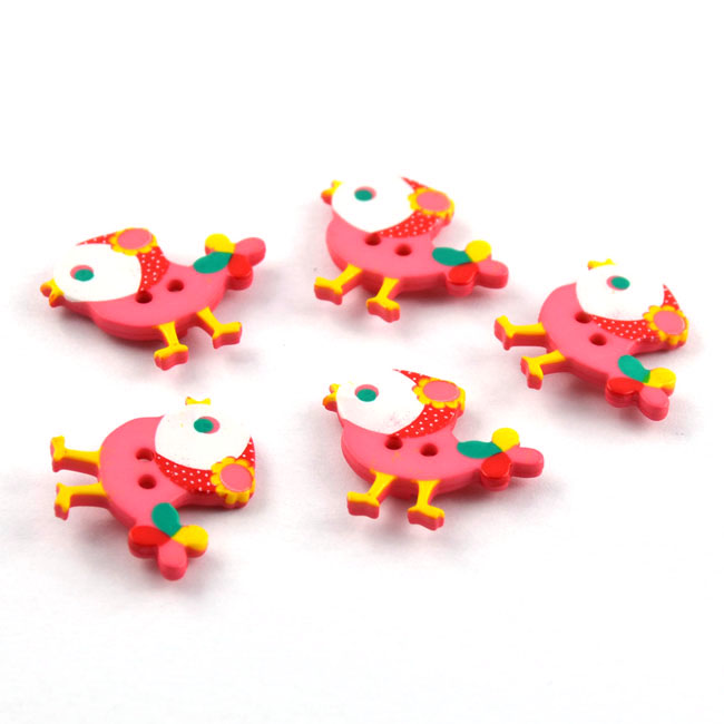 Kinderknopf, Vogel, bedruckt, 2-loch - Größe: 25mm - Farbe: pink 