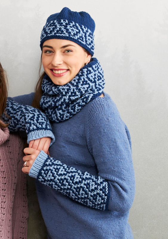 Set Mütze / Loop und Stulpen mit Mosaikmuster | Anleitungsheft | Wolle Italy Wool 75  | Stricken | Pro Lana
