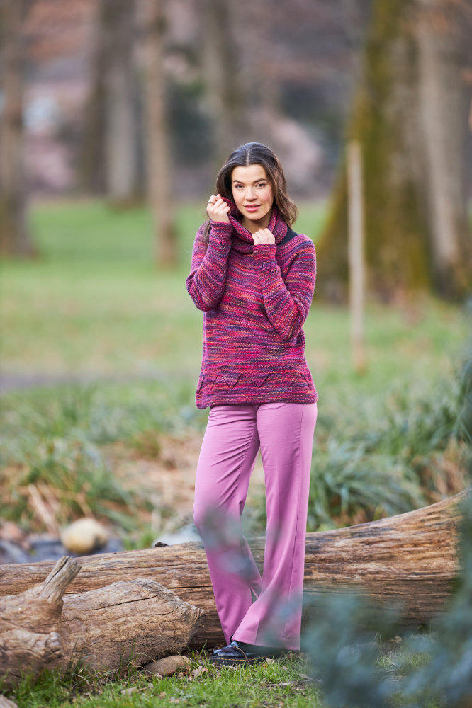 Pullover mit Zacken-Randblende mit Raglan von oben | Wollpaket mit Laos Kettgarn | Stricken