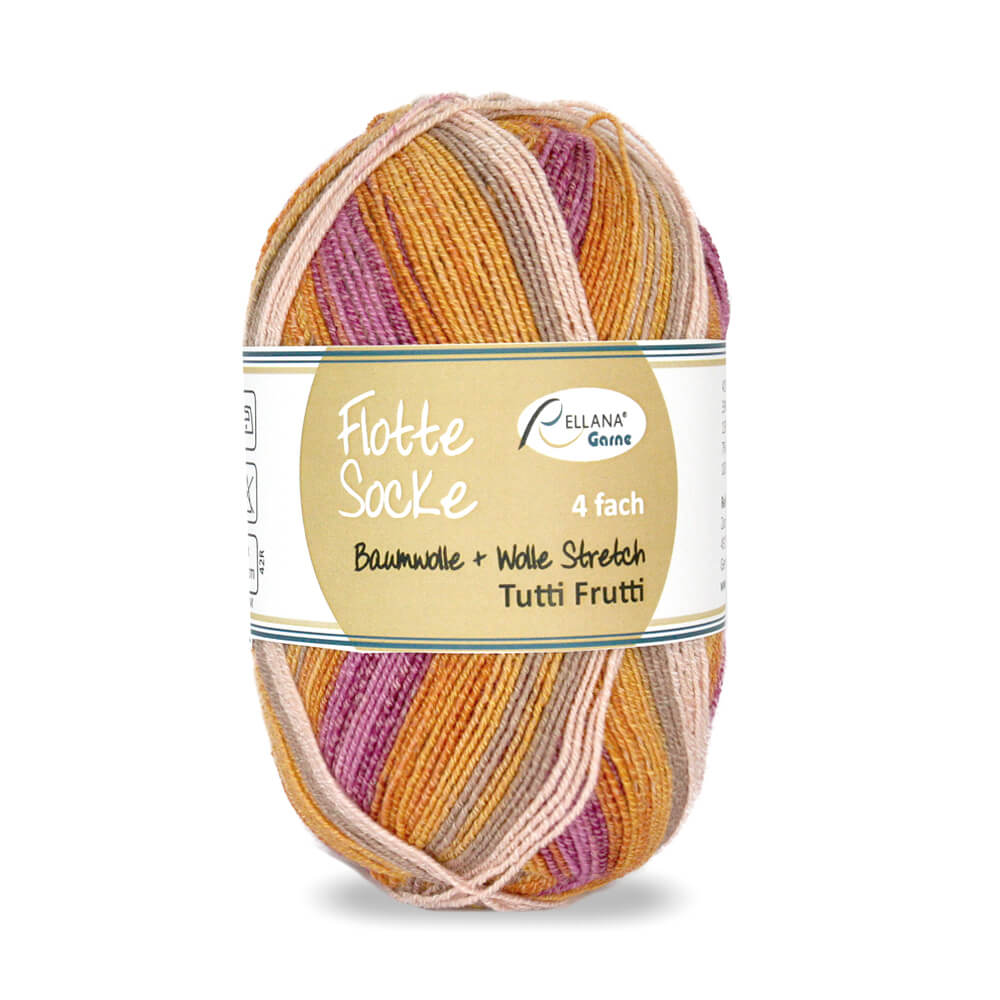 Flotte Socke Baumwolle Stretch, 4-fach von Rellana Tutti Frutti - 1410 - orange-magenta-beige