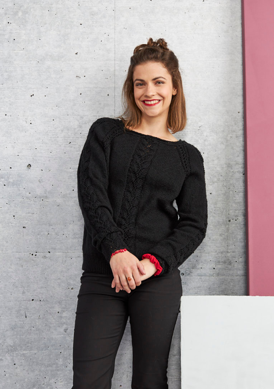 Pulli mit Raglan von oben mit Blattmusterstreifen | Wollpaket mit Balu | Stricken