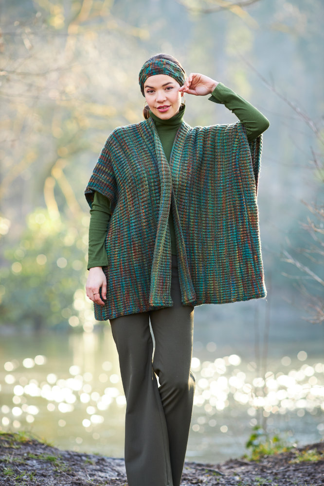 Poncho-Weste mit Halbpatent-Streifen | Wollpaket mit Laos Kettgarn | Stricken