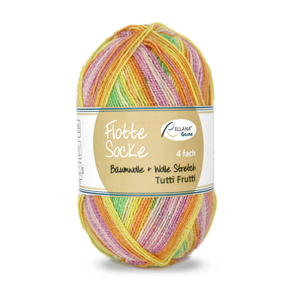 Flotte Socke Baumwolle Stretch, 4-fach von Rellana Tutti Frutti - 1411 - gelb-grün-orange-pink